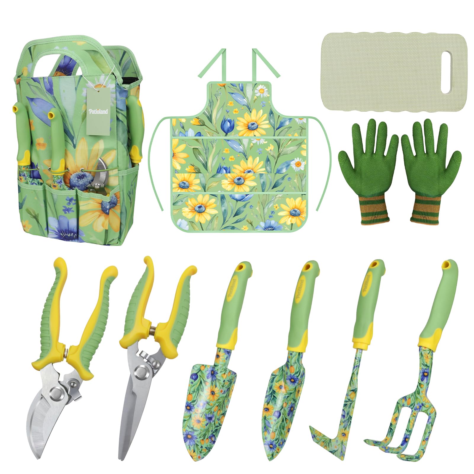 Patioland front view with tools in floral tote showing organized storage benefit