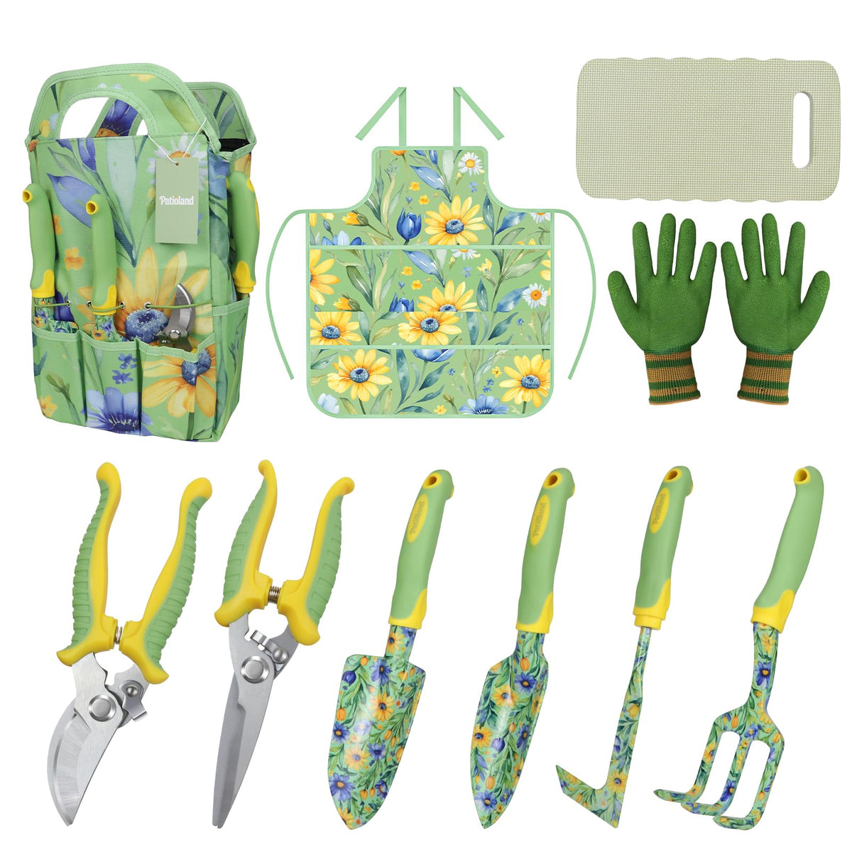 Patioland front view with tools in floral tote showing organized storage benefit