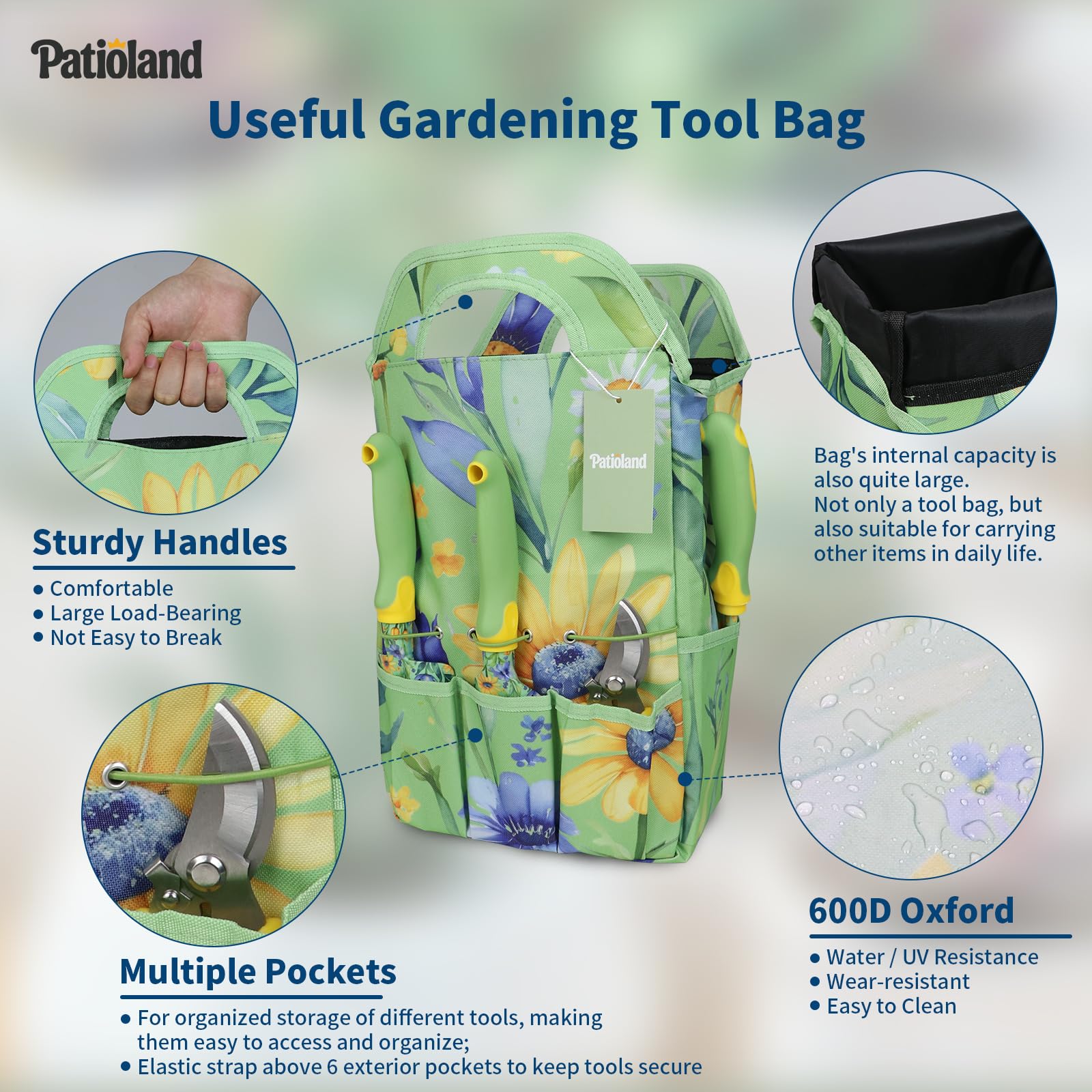 Patioland tote pockets filled demonstrating quick-access organization