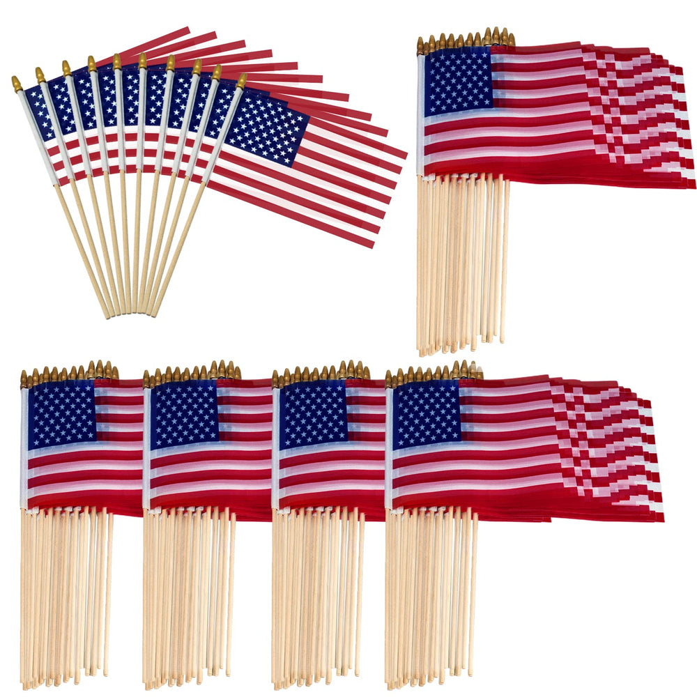 patscorai front view of packaged 110 mini American flags showing value