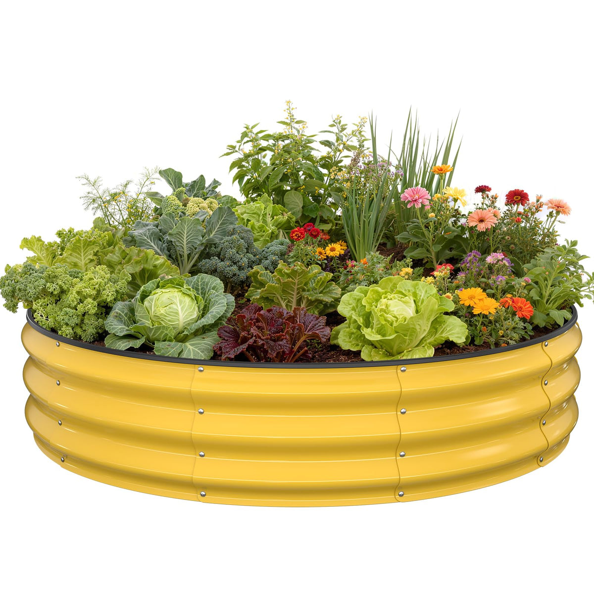 Pattiumo front view of assembled galvanized round raised garden bed showing durable construction and planting area