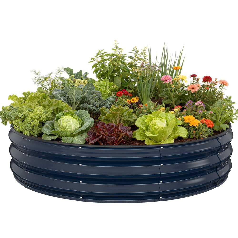 Pattiumo front view of round galvanized bed showing sturdy rust-resistant structure
