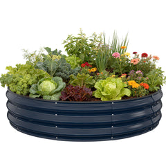 Pattiumo front view of round galvanized bed showing sturdy rust-resistant structure