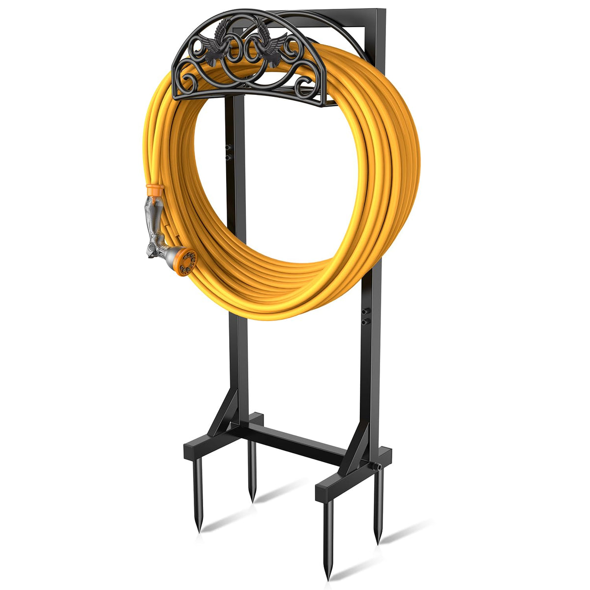 Pattiumo front view of freestanding hose holder showing stable base and loop benefit: organized yard