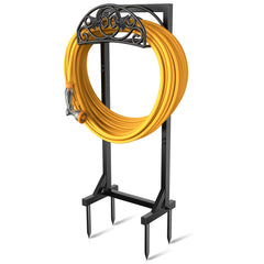Pattiumo front view of freestanding hose holder showing stable base and loop benefit: organized yard