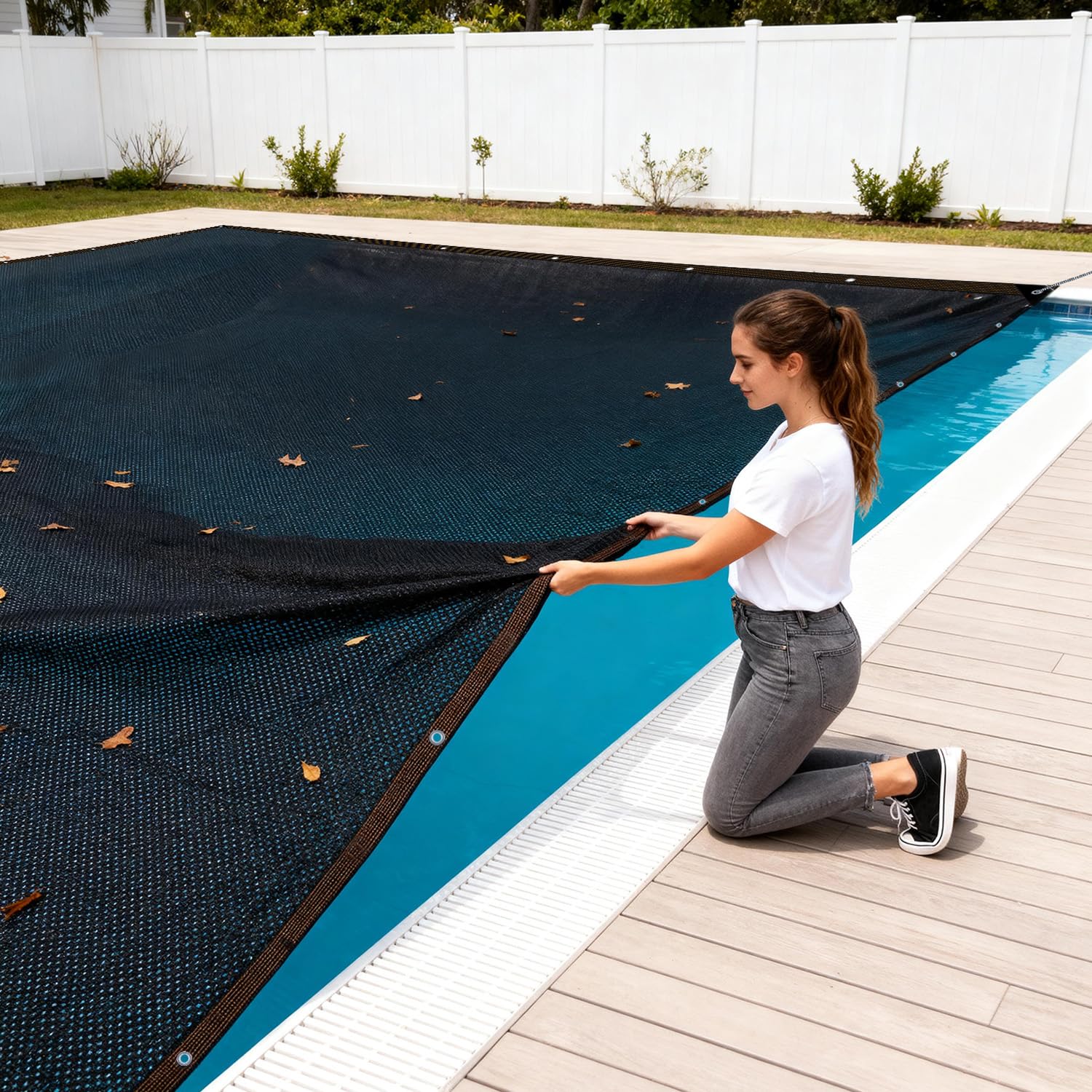 PATYDEST net stretched over pool showing debris protection benefit