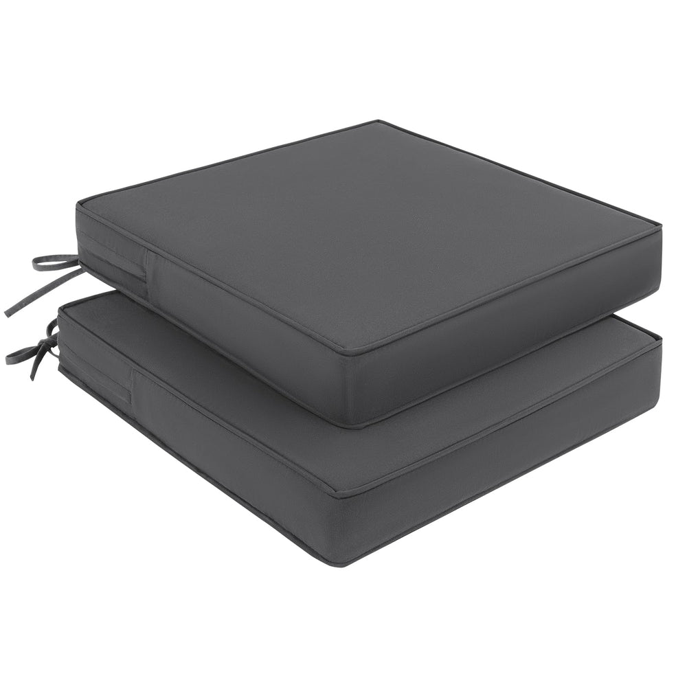 Pauwer front view of two dark grey cushions showing neat edges and color for instant patio comfort