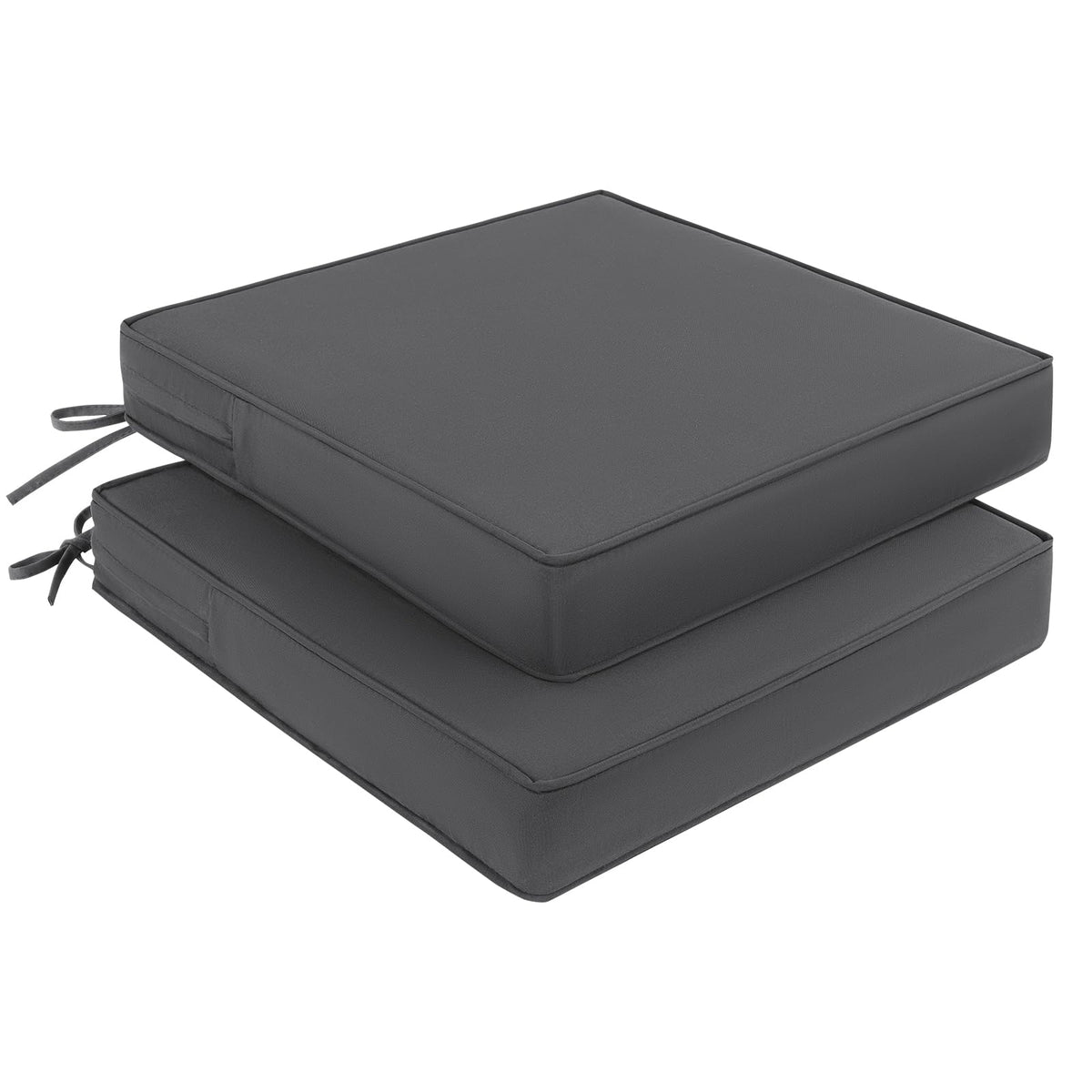 Pauwer front view of two dark grey cushions showing neat edges and color for instant patio comfort