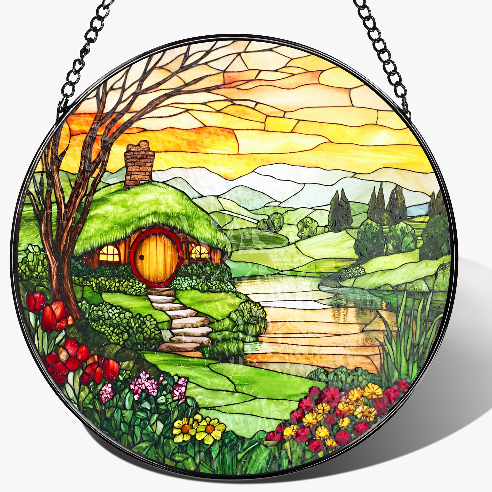 Pauyadu front view of The Shire suncatcher displaying colorful glass tones and decorative appeal