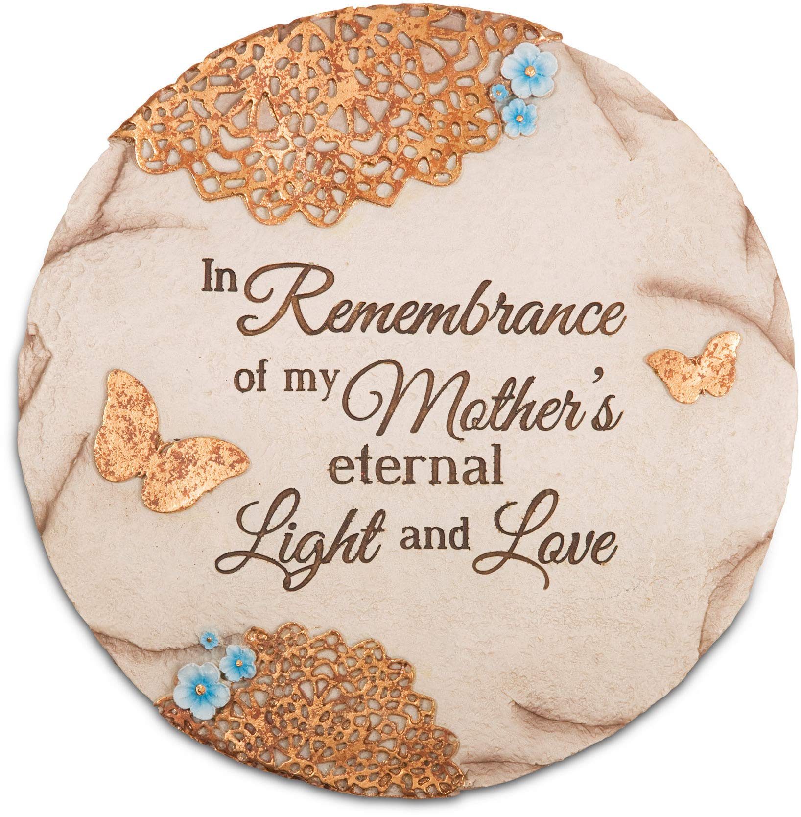 Pavilion Gift Company front view memorial stone showing inscription and blue flowers, meaningful tribute