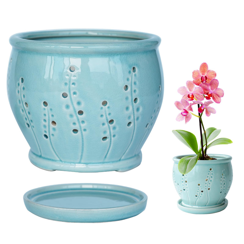 pavtner front view of ice blue glaze pot showing elegant shape and decorative appeal