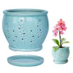 pavtner front view of ice blue glaze pot showing elegant shape and decorative appeal