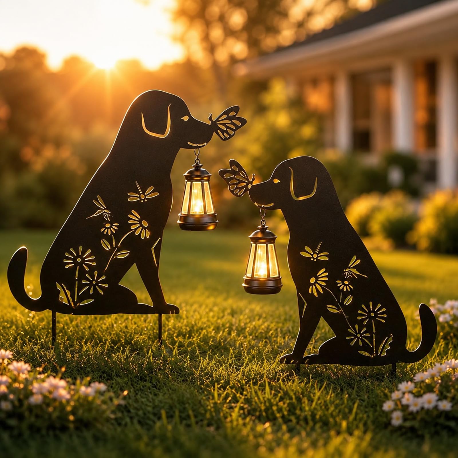 Pawatee front view of dog silhouette stake lighting pathway and adding charm