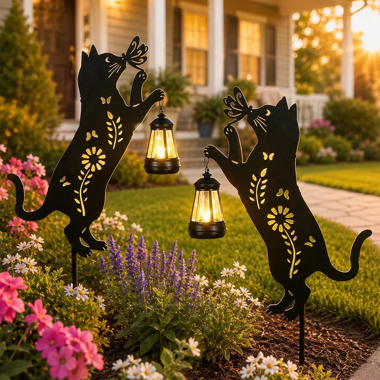 Pawatee front view showing two metal cat silhouette stakes and lanterns, decorative appeal