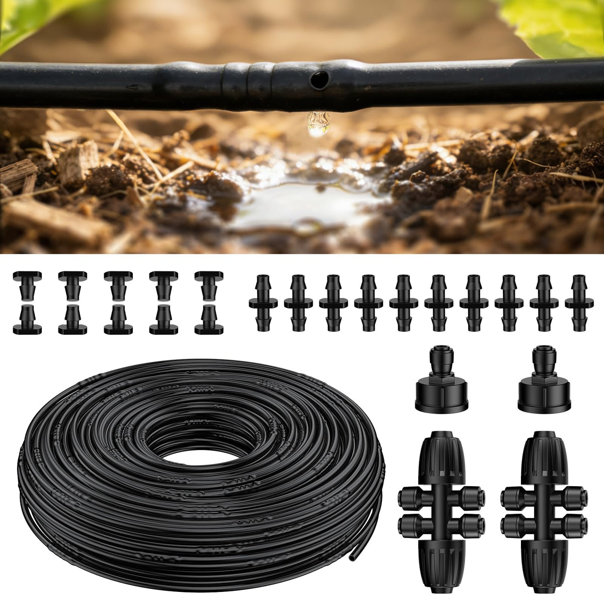 Pawfly front view of 200 ft tubing roll showing kit packaging and components