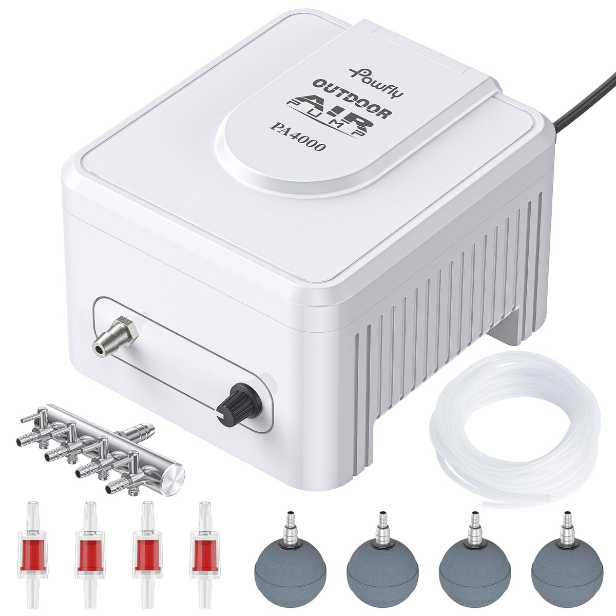 Pawfly front view of aerator showing controls and quick-install benefit
