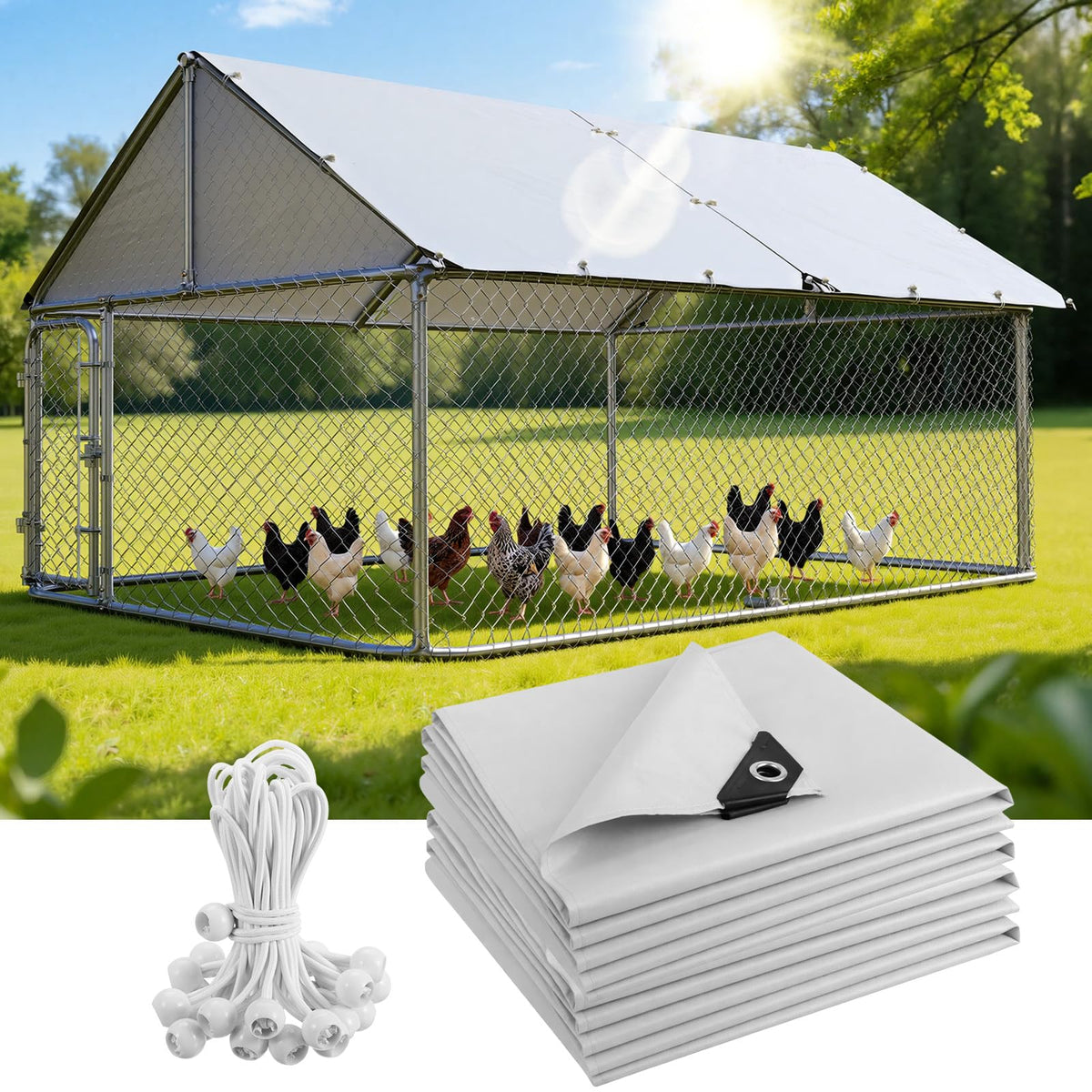 PawGiant front view of full 11.7x6.7ft cover protecting a chicken coop, durable protection