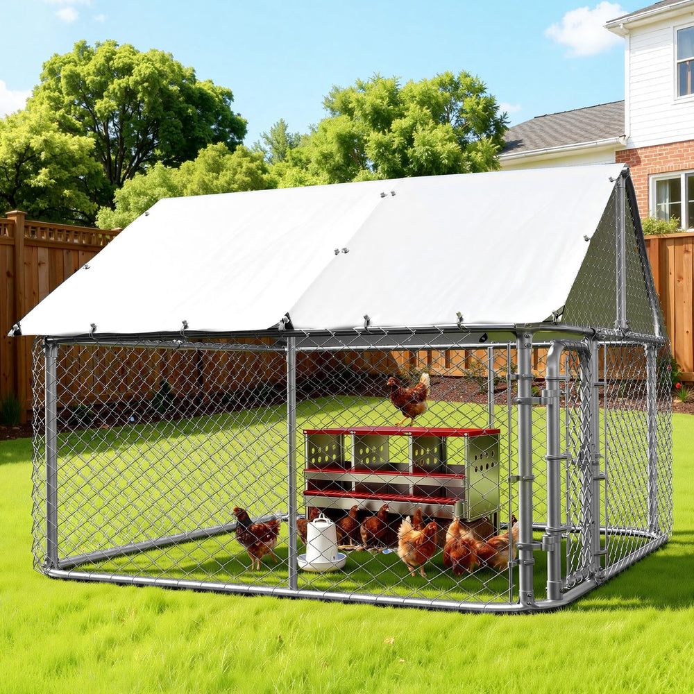 PawGiant backyard chicken run with cover installed, keeps chickens shaded and dry