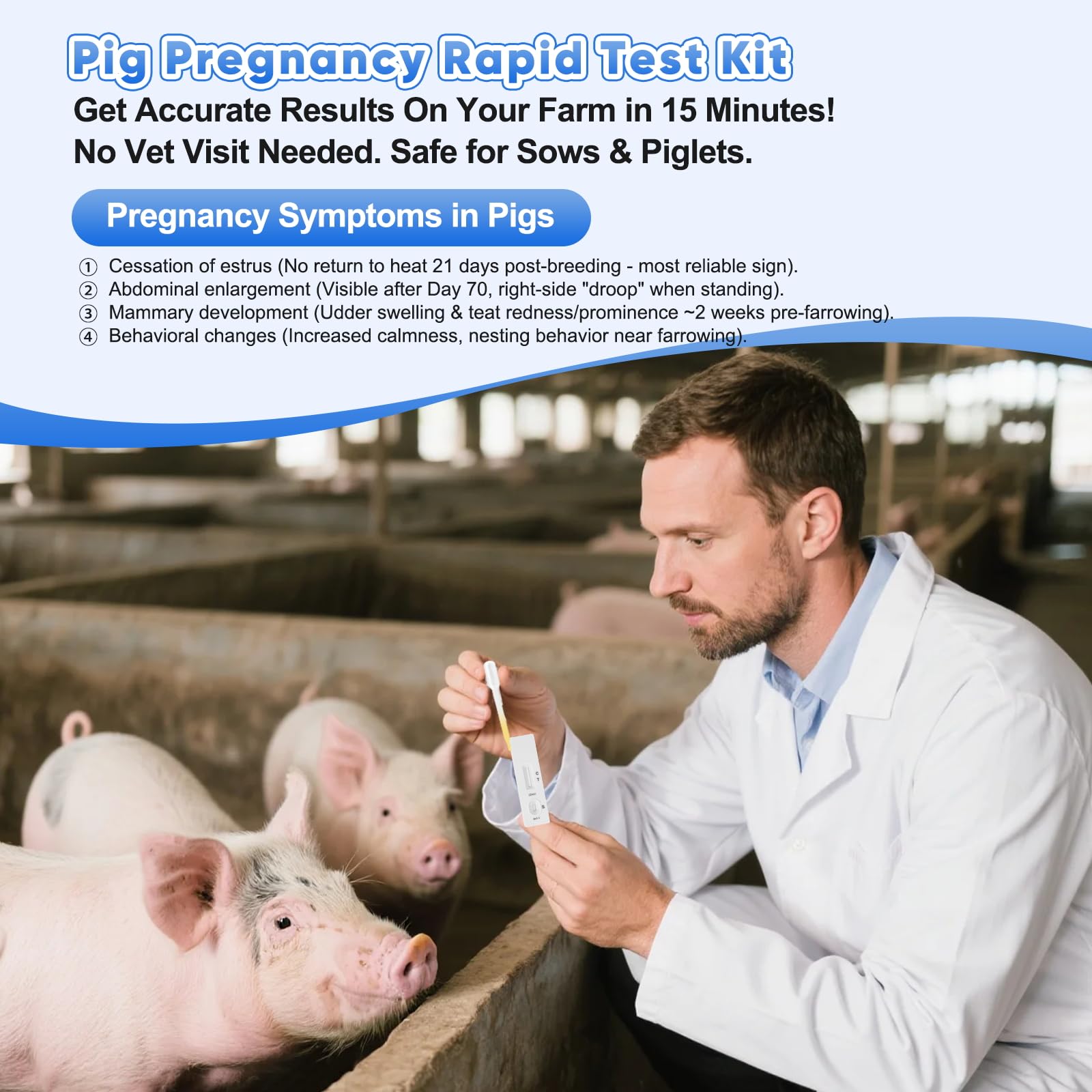 PawsXfun disposable dropper beside strip illustrating simple on-farm use