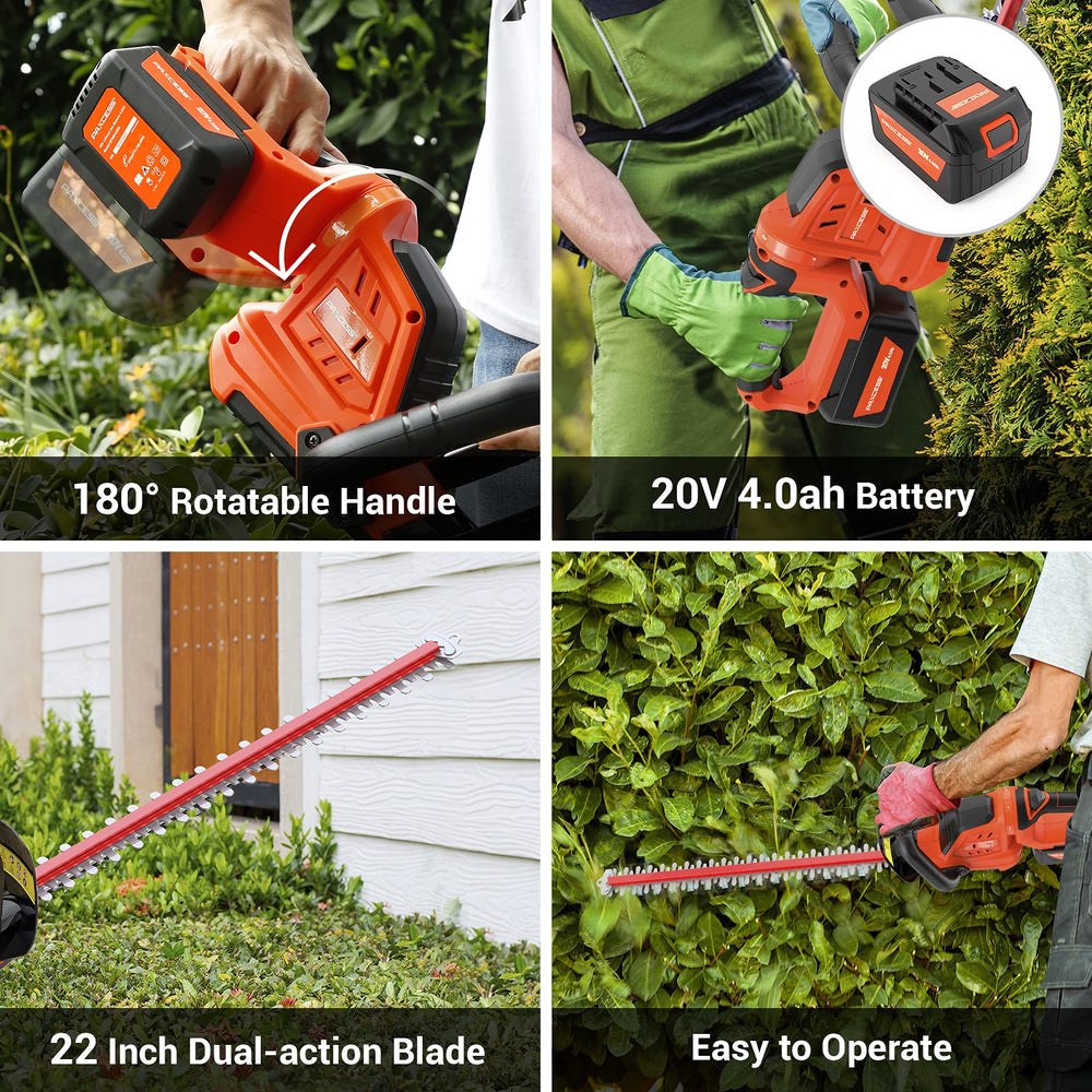 PAXCESS in-use trimming a hedge demonstrating cordless mobility