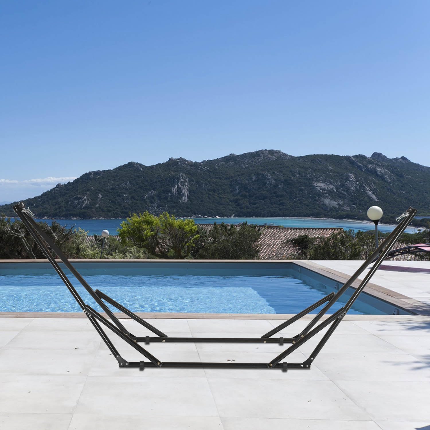 PayLessHere hammock stand in backyard lifestyle setting showing relaxation anywhere benefit