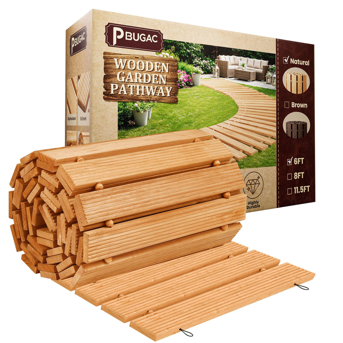 pbugac front view of rolled wooden pathway showing compact storage and portability