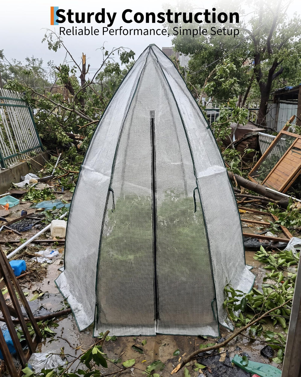 PeakPursuit anchoring stakes and tie-downs securing greenhouse in wind