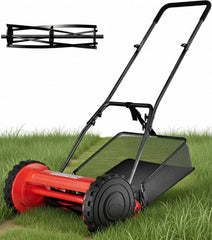 PeakPursuit front view assembled mower showing compact design and easy storage benefit