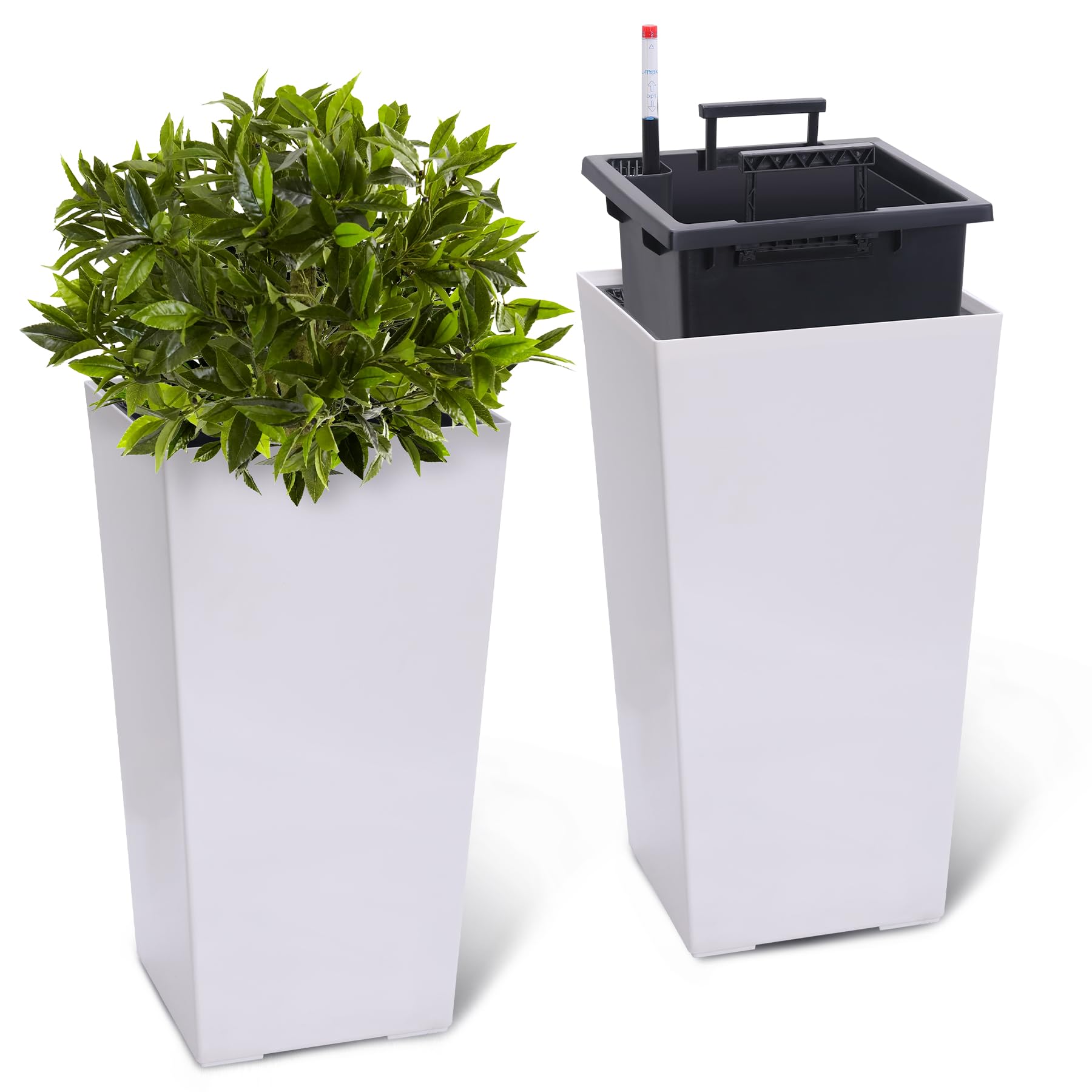 PeakPursuit front view of two white tall planters showing elegant profile and curb appeal