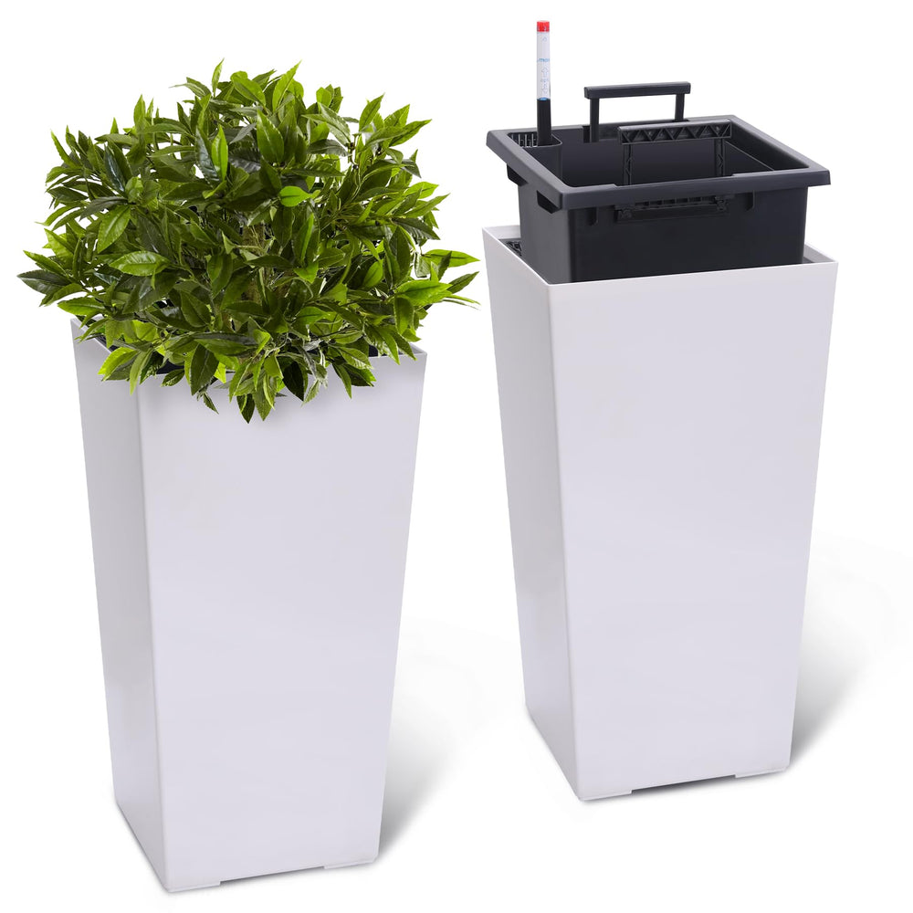 PeakPursuit front view of two white tall planters showing elegant profile and curb appeal