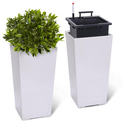 PeakPursuit front view of two white tall planters showing elegant profile and curb appeal
