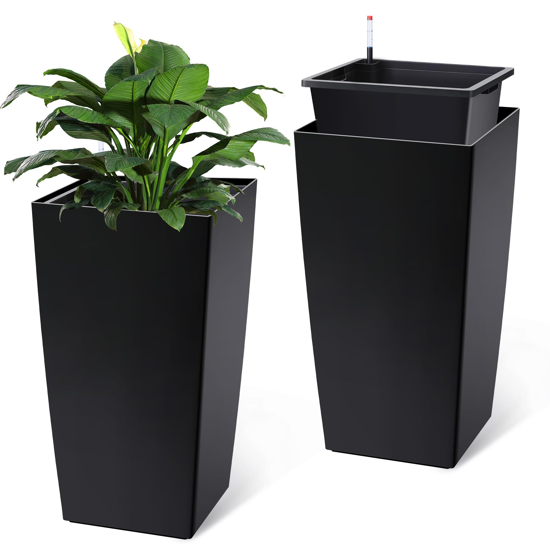 PeakPursuit front view of two 30-inch black planters showing sleek profile and stability