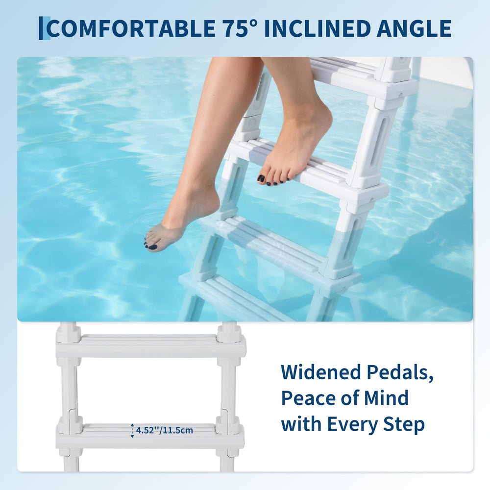 PeakPursuit ladder installed on inground pool demonstrating sturdy fit and support