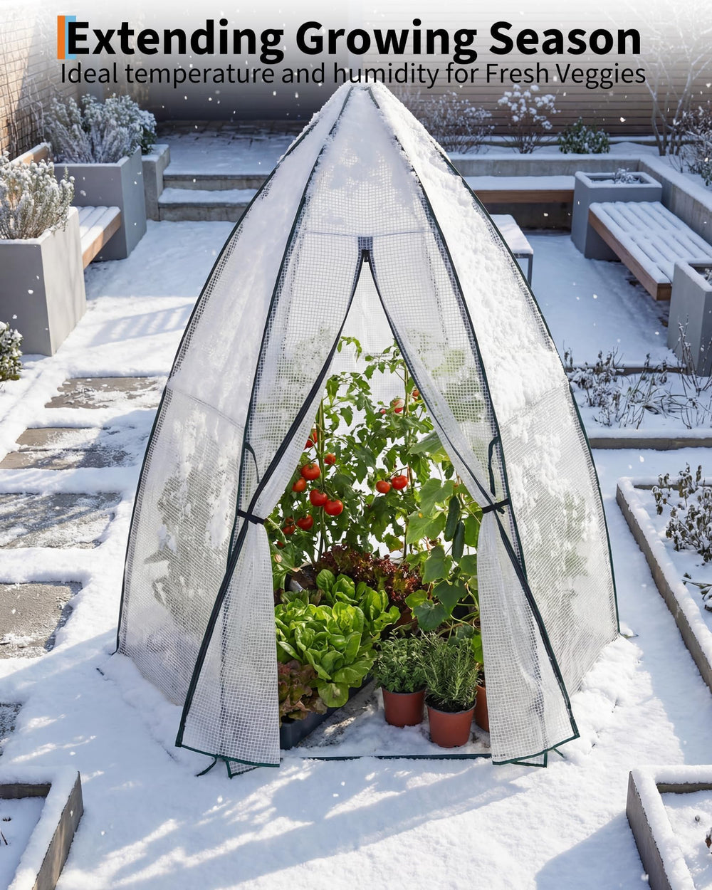 PeakPursuit sloped roof shedding rain and snow to protect plants