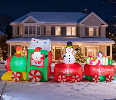 Pechfun front view of illuminated 12FT train creating curbside holiday impact