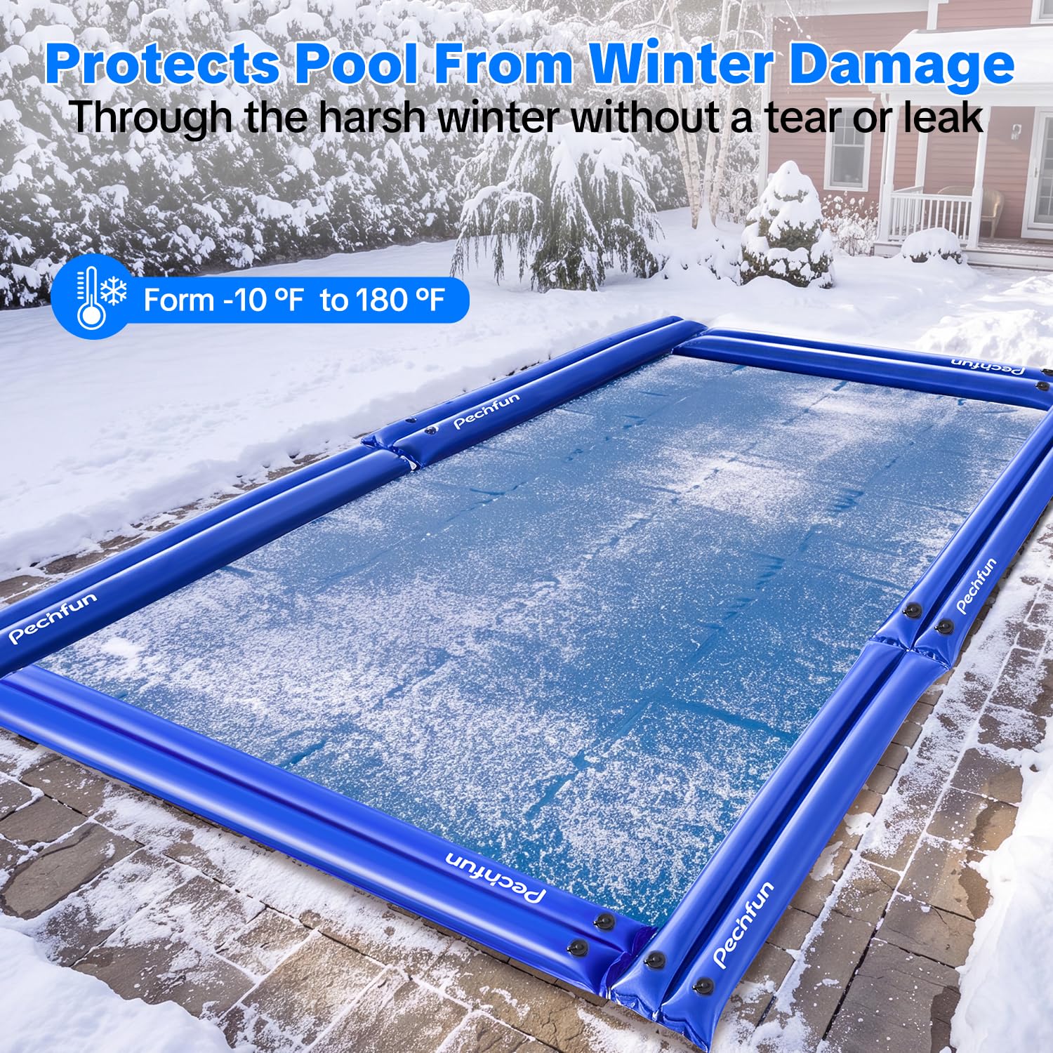 Pechfun water tube placed on pool edge anchoring cover against wind