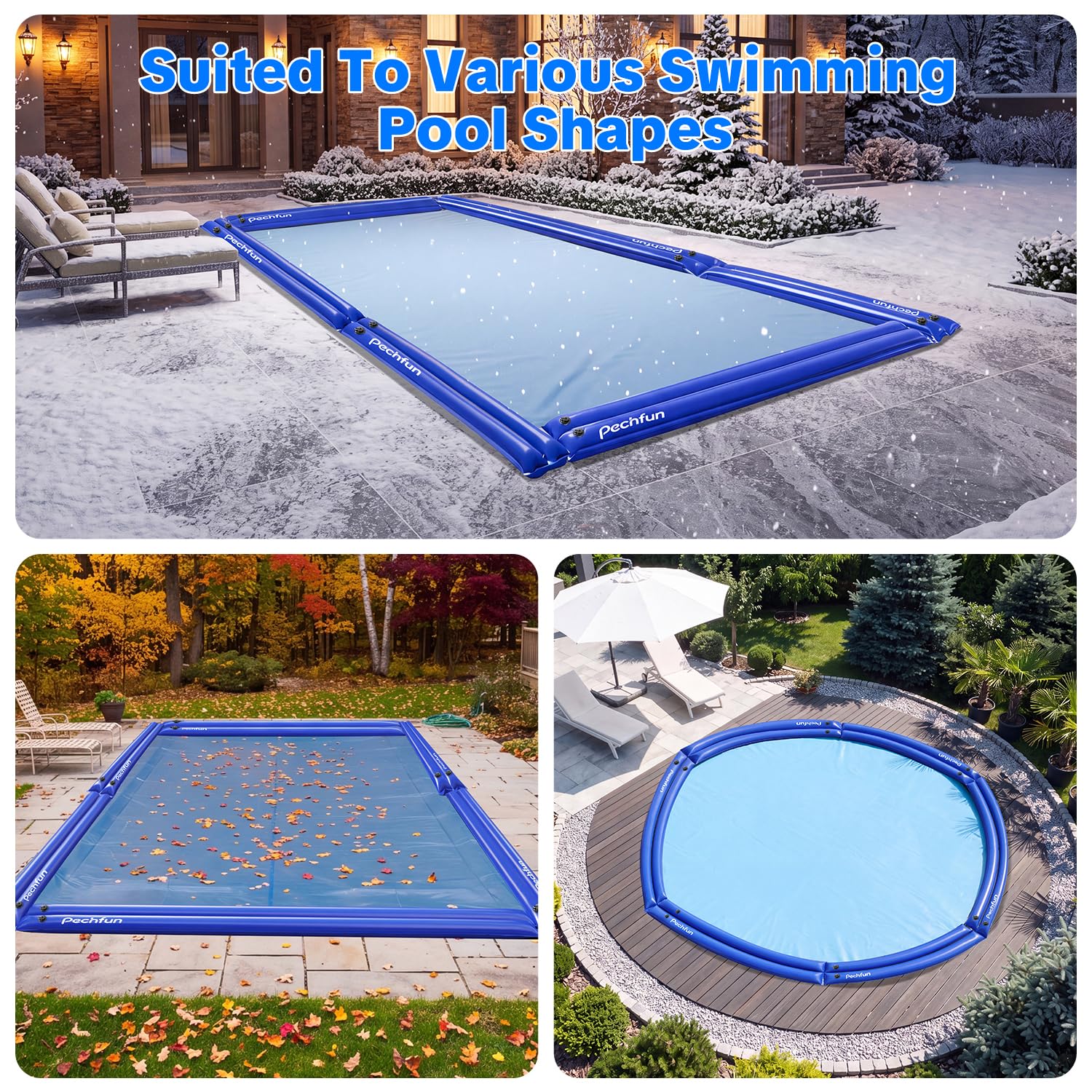 Pechfun lifestyle scene of tubes around pool in winter for seasonal protection