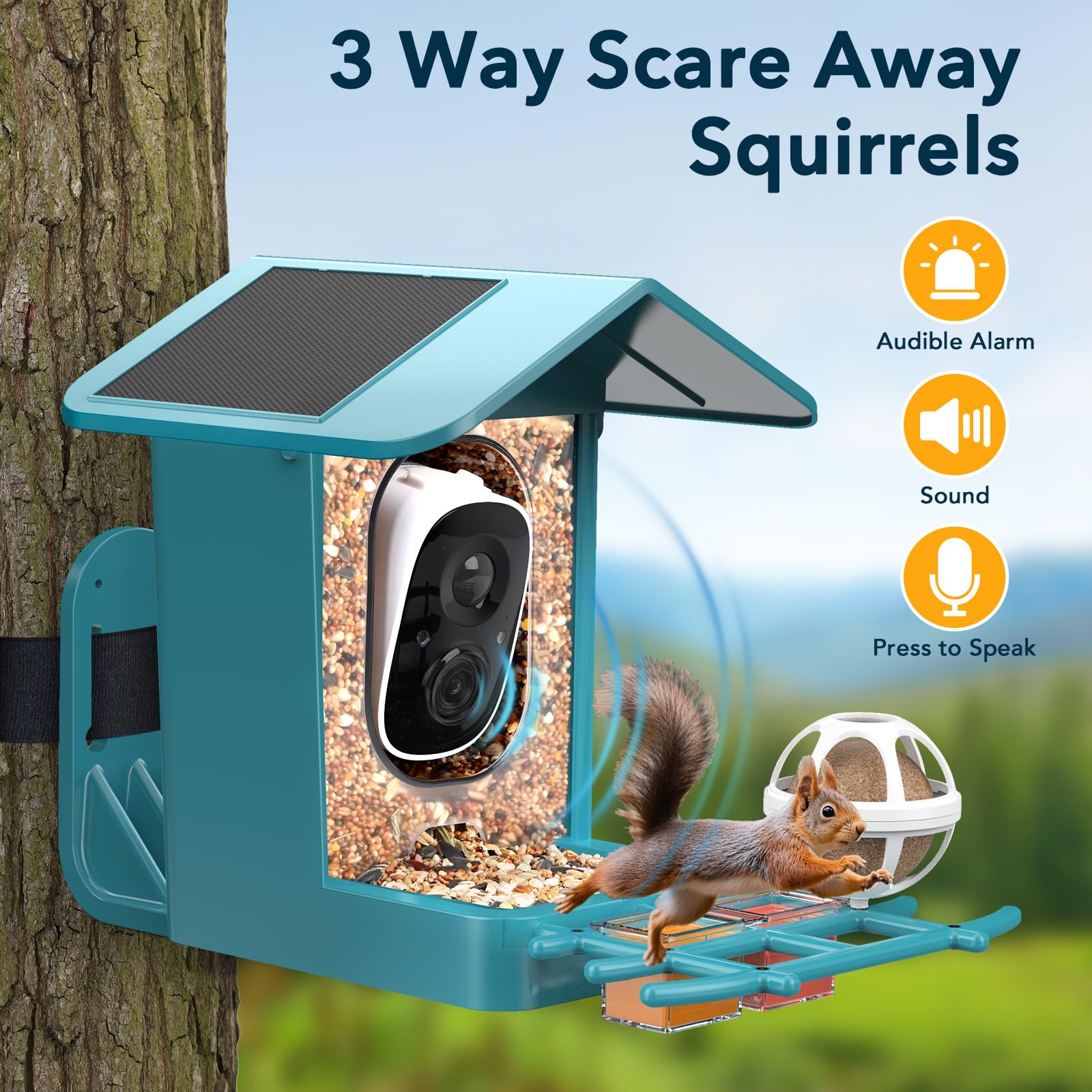 PeckCam mounted in garden with birds, brand benefit of pleasant backyard viewing