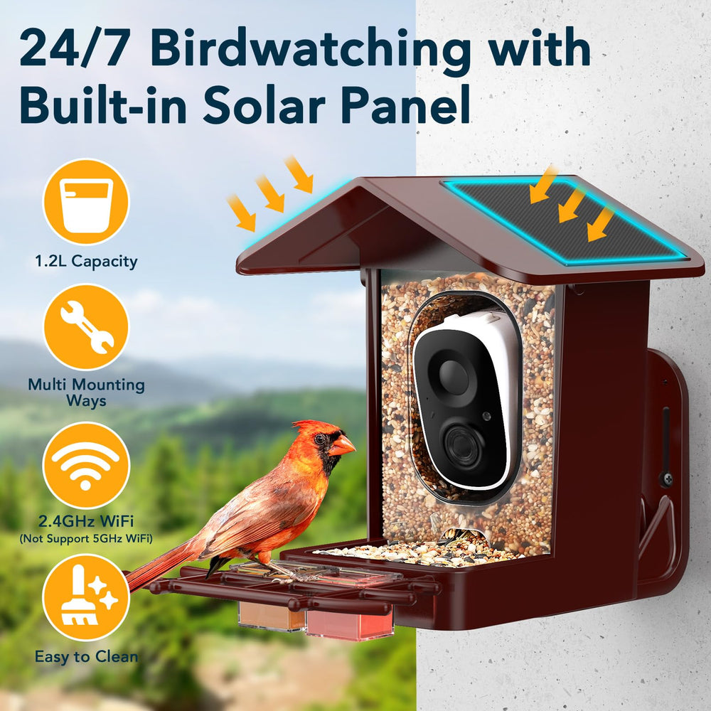 PeckCam top solar panels, continuous charging for uninterrupted monitoring