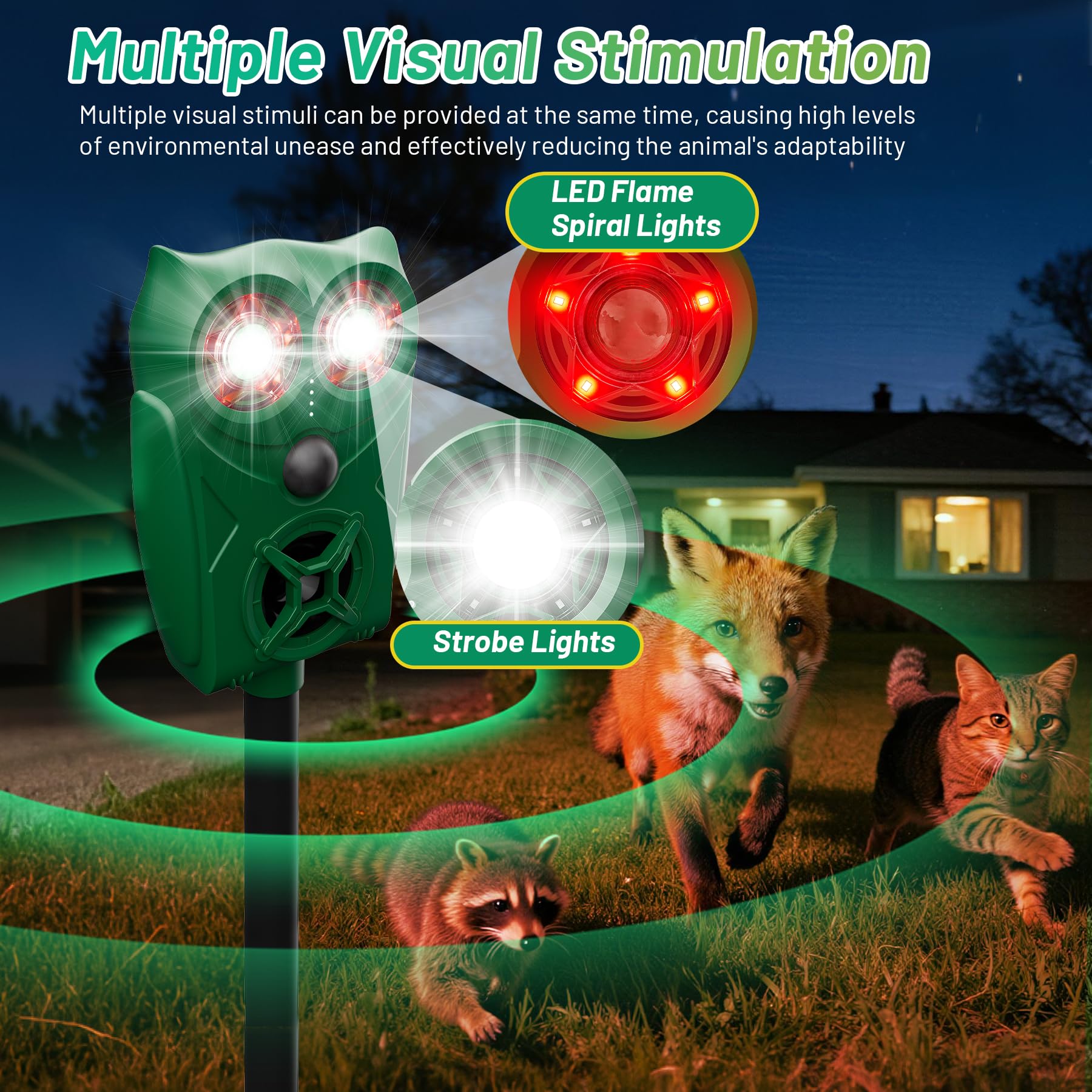 Peepst LED strobe and spiral flame lights demonstrating visual deterrent