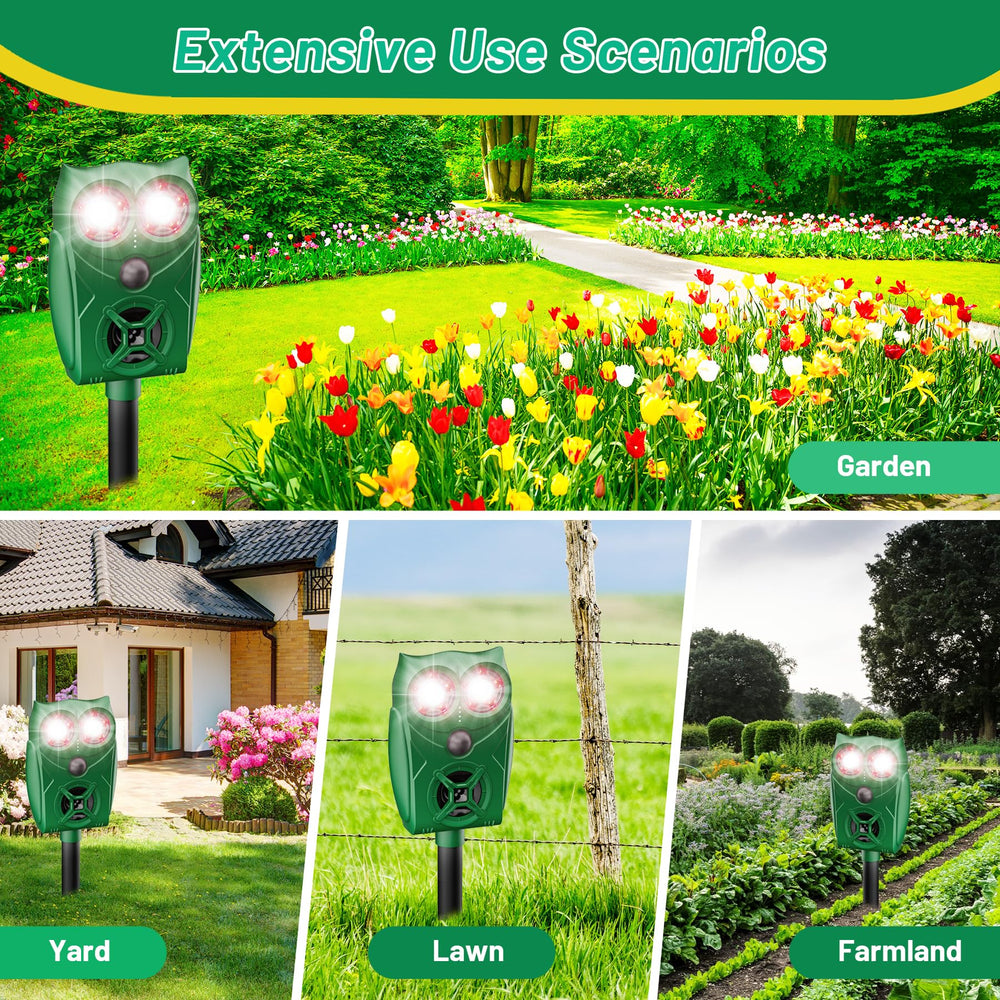 Peepst installed in yard at dusk with lights on, protects property during night hours