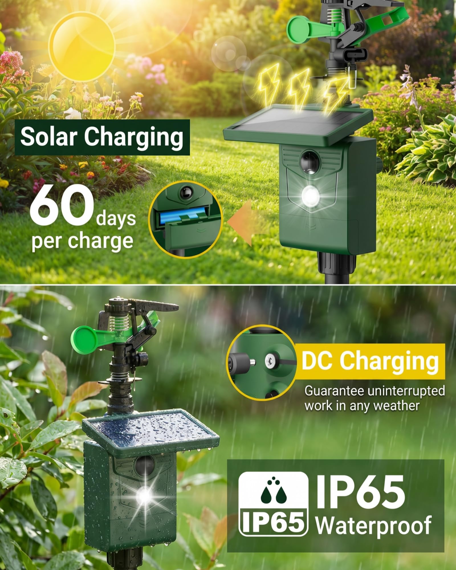 Peepst releasing water jet to startle animals and safeguard lawn