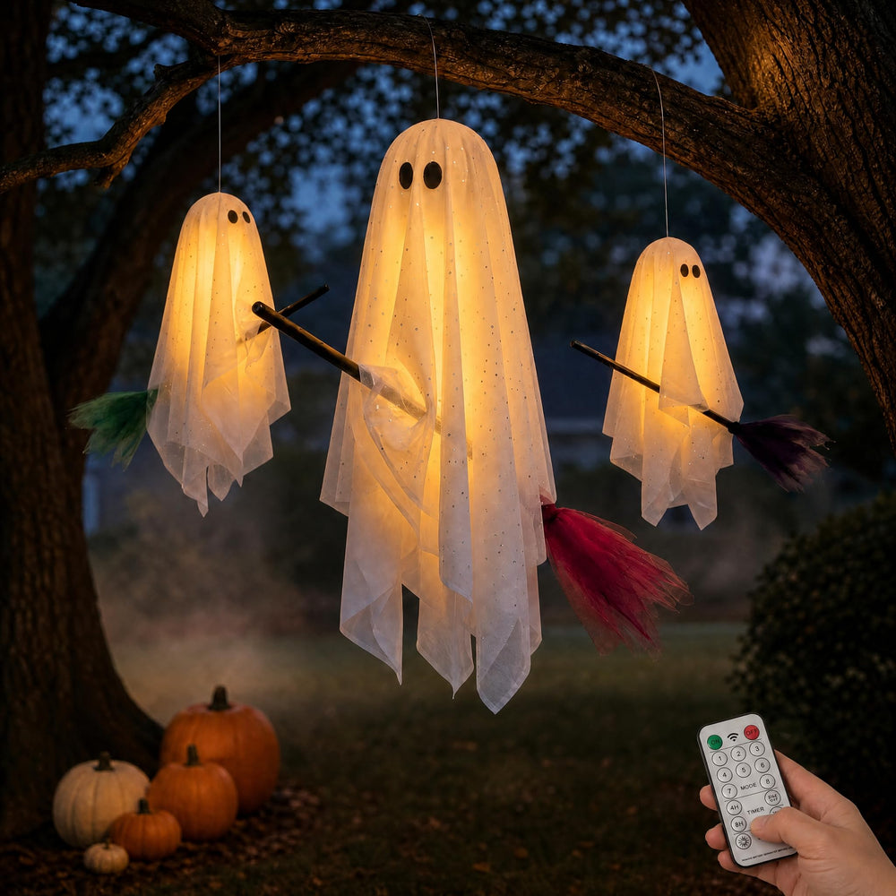 PEJOURI front view of three hanging ghost decorations showing floating effect and curb appeal