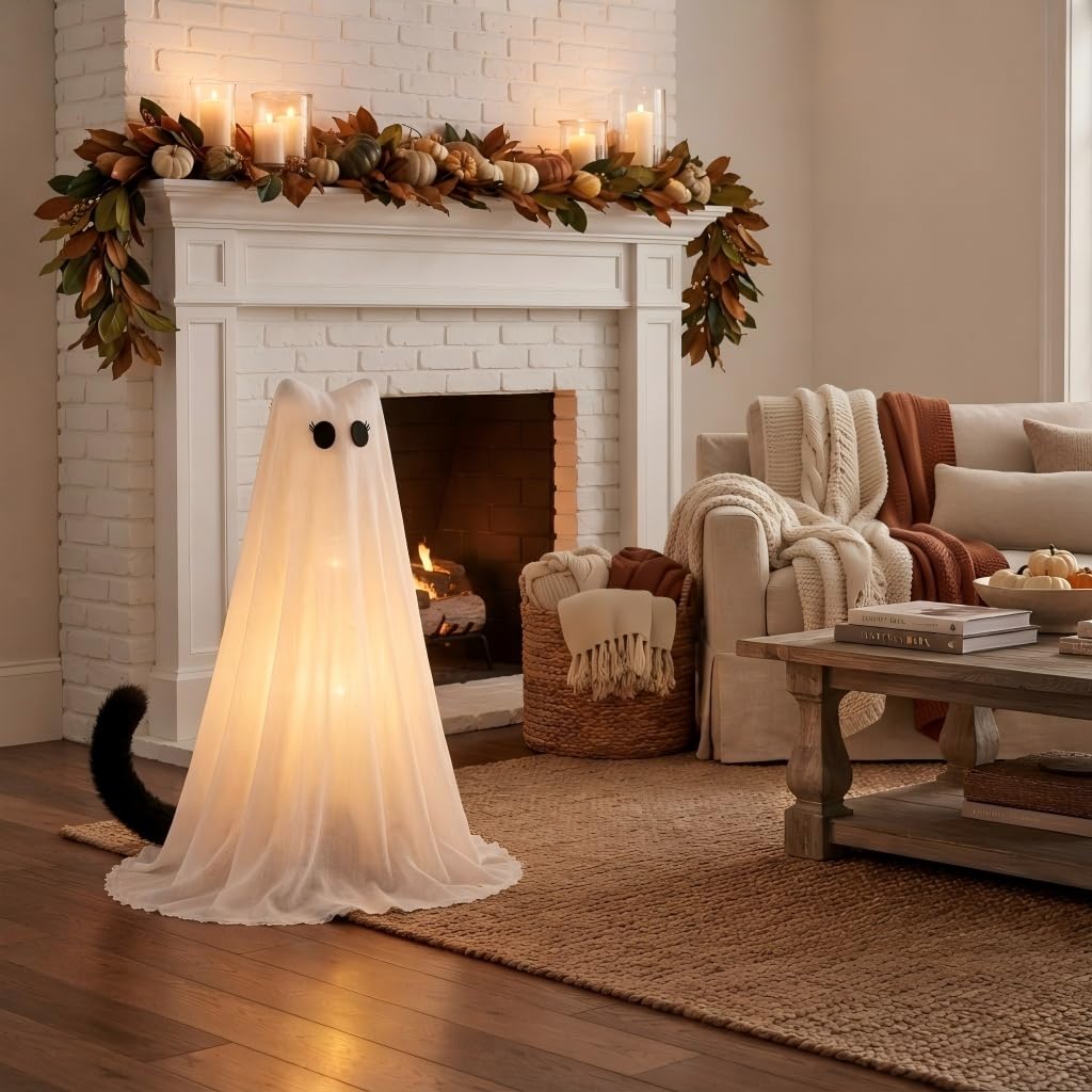PEJOURI ghost cat beside pumpkins showing true size and scale