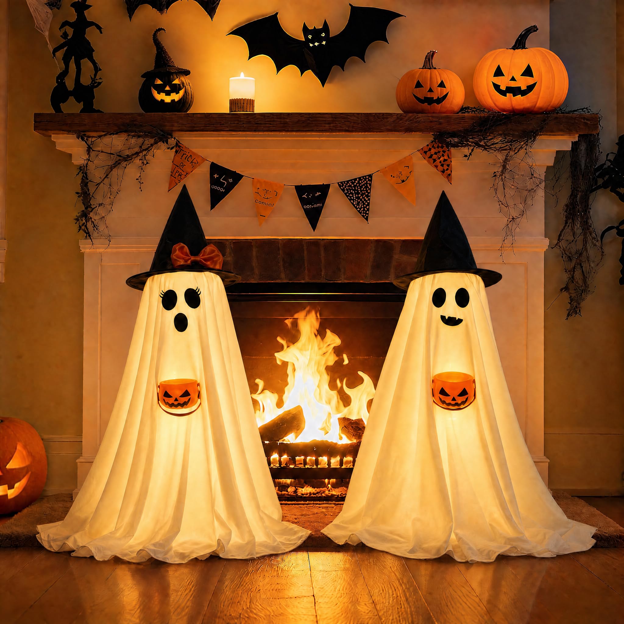 PEJOURI front view of both lighted ghosts showing warm glow and friendly faces