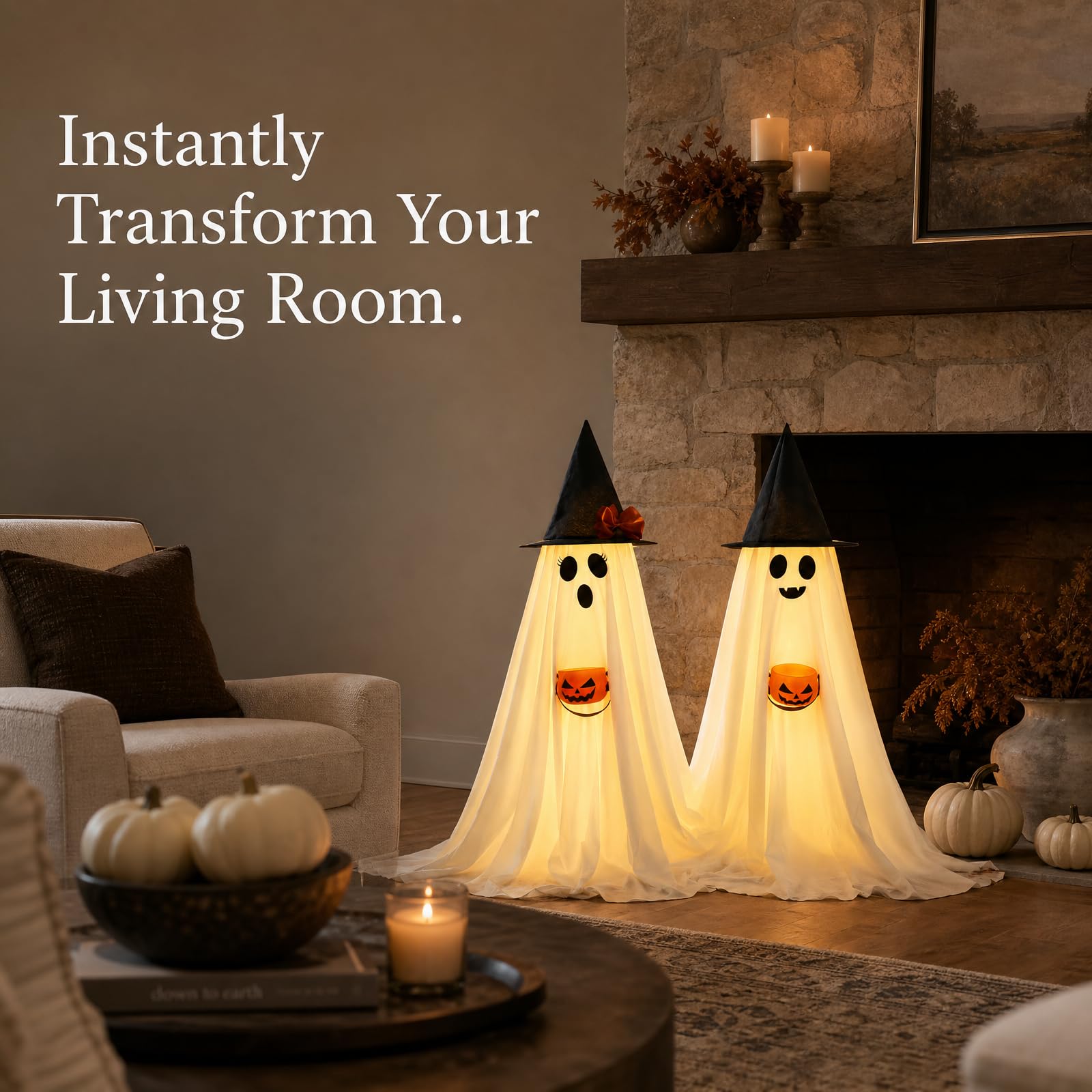PEJOURI ghosts staged in living room creating inviting seasonal atmosphere
