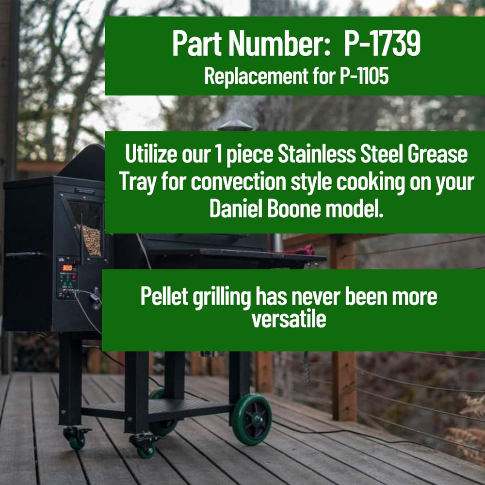 Pellethead GMG grease tray with dimensions overlay proving correct 24x15.5x2.25 inches fit