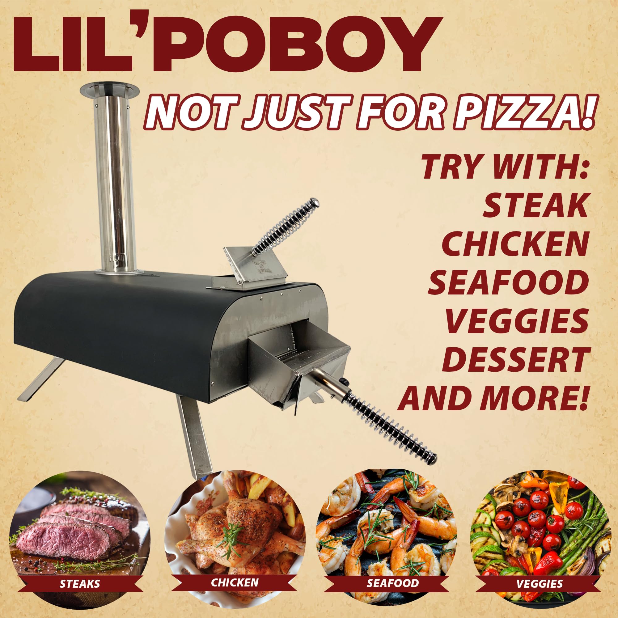 Pellethead oven in use with pizza being inserted for quick high-heat cooking