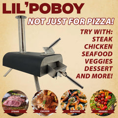 Pellethead oven in use with pizza being inserted for quick high-heat cooking