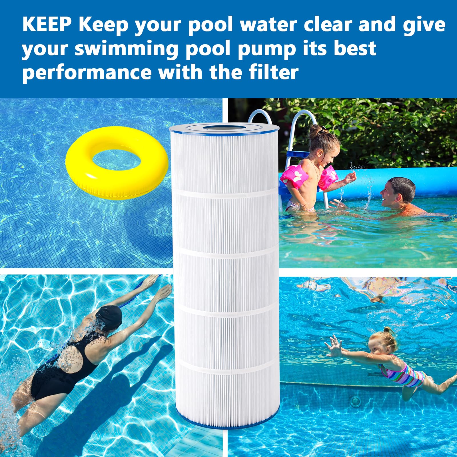 PELLUCID cartridge next to a pool conveying better water clarity and maintenance benefit
